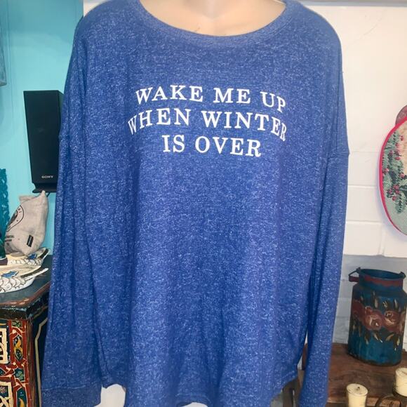 NWT OVERSIZED DENIM BLUE JUMPER SWEATSHIRT "WAKE ME UP WHEN WINTER IS OVER" M - Picture 9 of 10